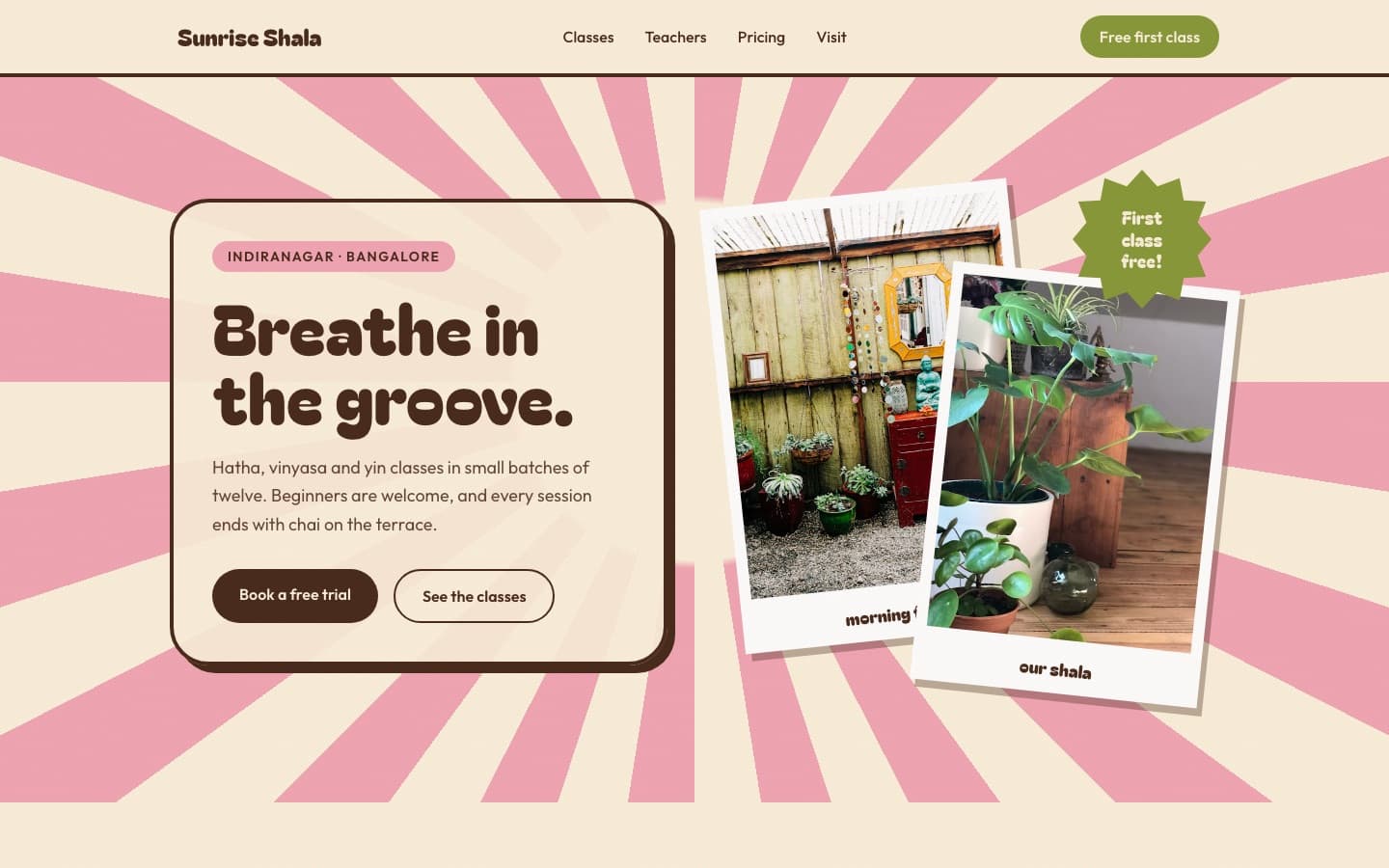 Sunrise Shala yoga studio website: a chunky headline on a pink sunburst with tilted instant photos