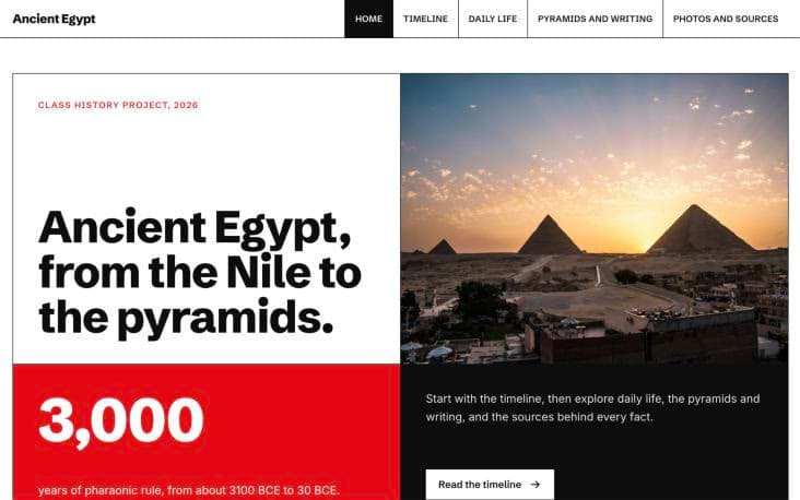 Ancient Egypt history project website: a menu with five pages, a bold headline about the Nile and the pyramids, a photo of the pyramids at sunset and a red panel reading 3,000 years of pharaonic rule