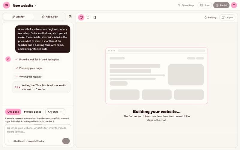 The chat during a build, listing steps: picked a look, planning your page, writing the top bar and writing each section
