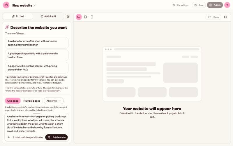 The Kodebloc editor before the first build: example requests on the left, One page and Any style chosen, a request typed in the message box and the Build website button