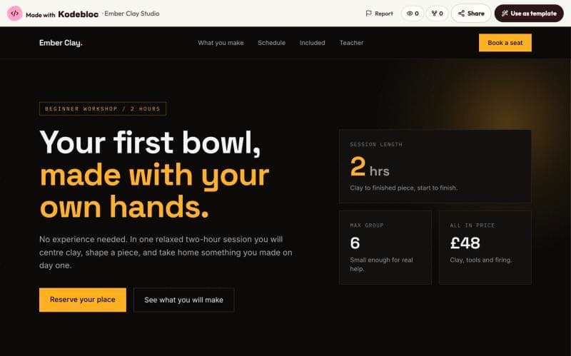 A published website with the thin Kodebloc bar across the top: Made with Kodebloc, Report, views, uses, Share and Use as template