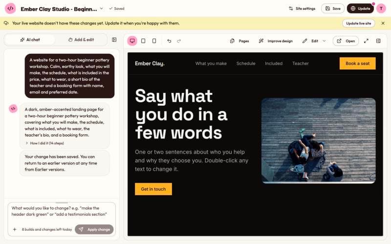 The editor with a yellow notice saying the live website doesn't have these changes yet, an Update live site button, and the Publish button showing Update with a dot