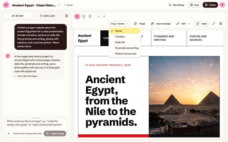 The Page menu above the preview, open and listing five pages, next to the Pages button