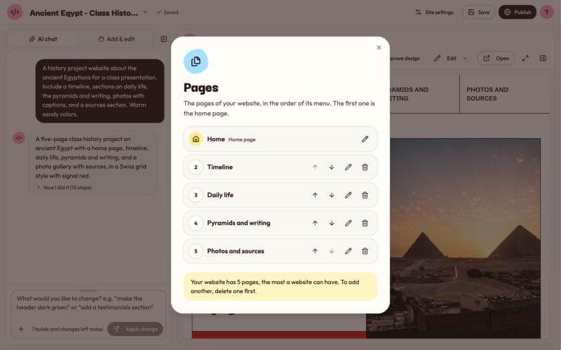 The Pages list with five pages and the note that 5 is the most a website can have