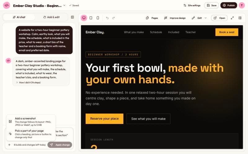 The menu that opens from the + button next to the message box, with Add a screenshot and Pick a part of your page