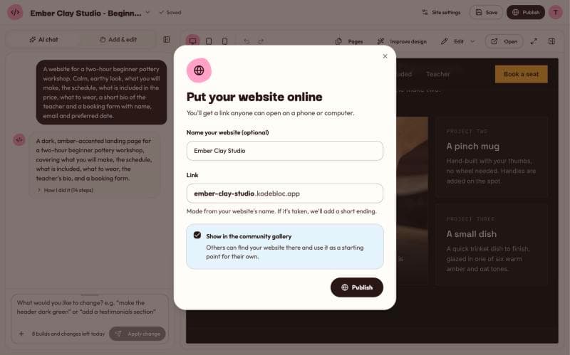 The Put your website online box with the website name, its kodebloc.app link, the community gallery checkbox and the Publish button