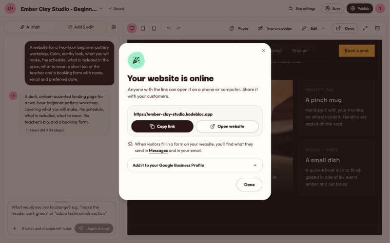 The Your website is online box with the website's link, Copy link and Open website buttons, and a Done button