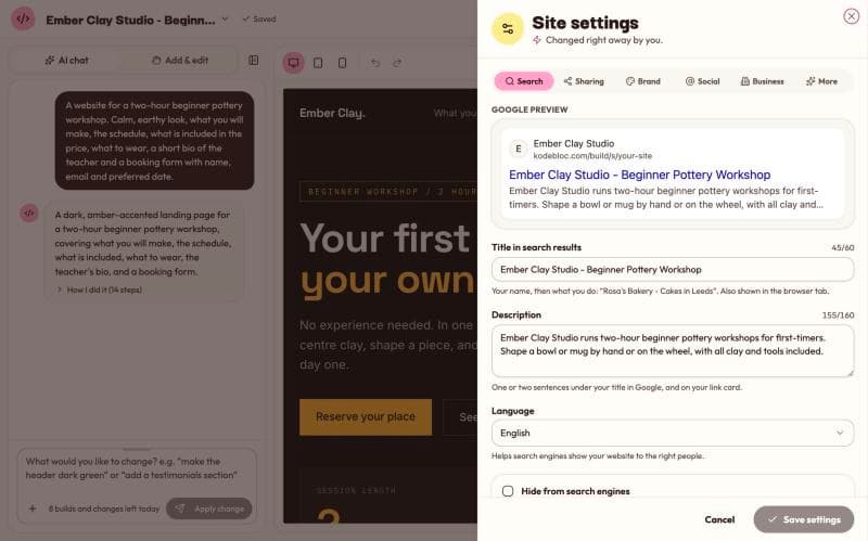 Site settings open on the Search tab, with a Google preview above the title and description boxes