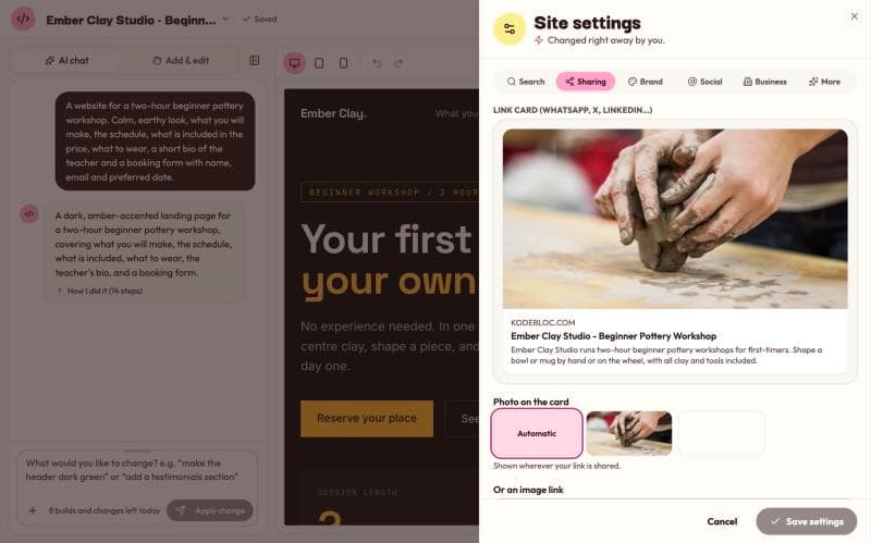 Site settings open on the Sharing tab, with a preview of the link card and the photo choices