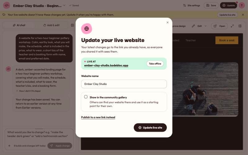The Update your live website box showing where it is live, Take offline, the website name, the gallery checkbox, Publish to a new link instead and Update live site