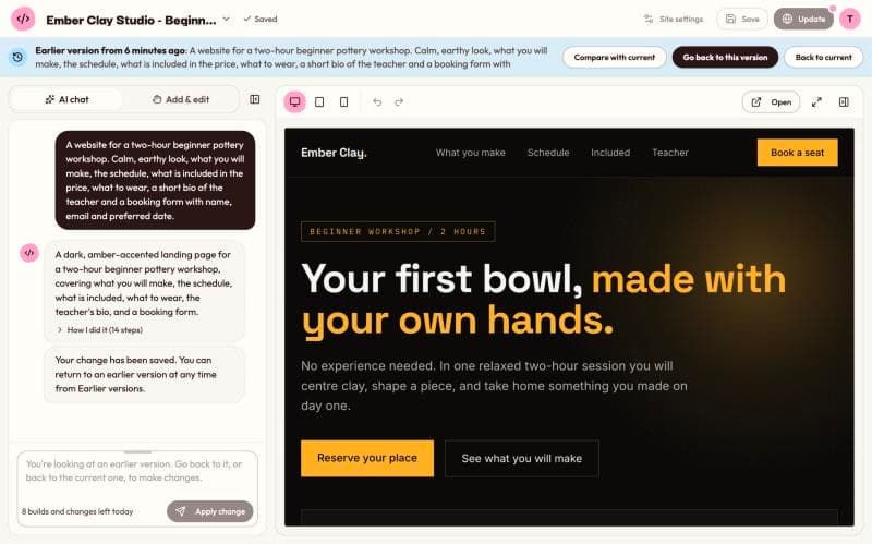 The preview showing an earlier version, with a bar above it offering Compare with current, Go back to this version and Back to current